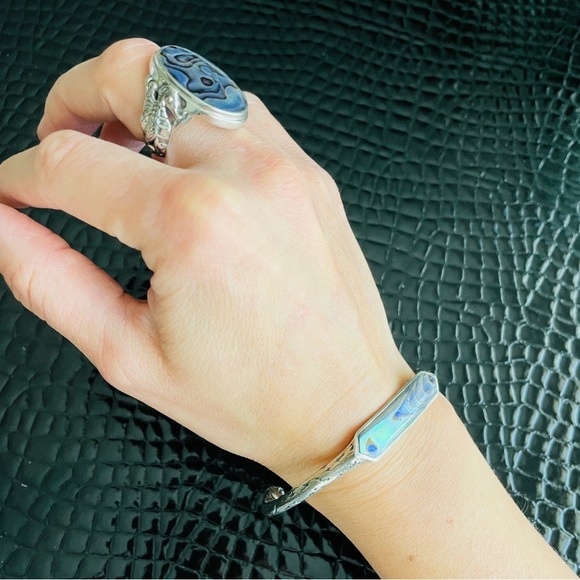 Abalone Shell Textured Sterling Silver Cuff Bracelet Vintage - Picture 9 of 9